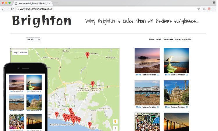 Image of first page visual of Awesome Brighton website also shown on mobile screen