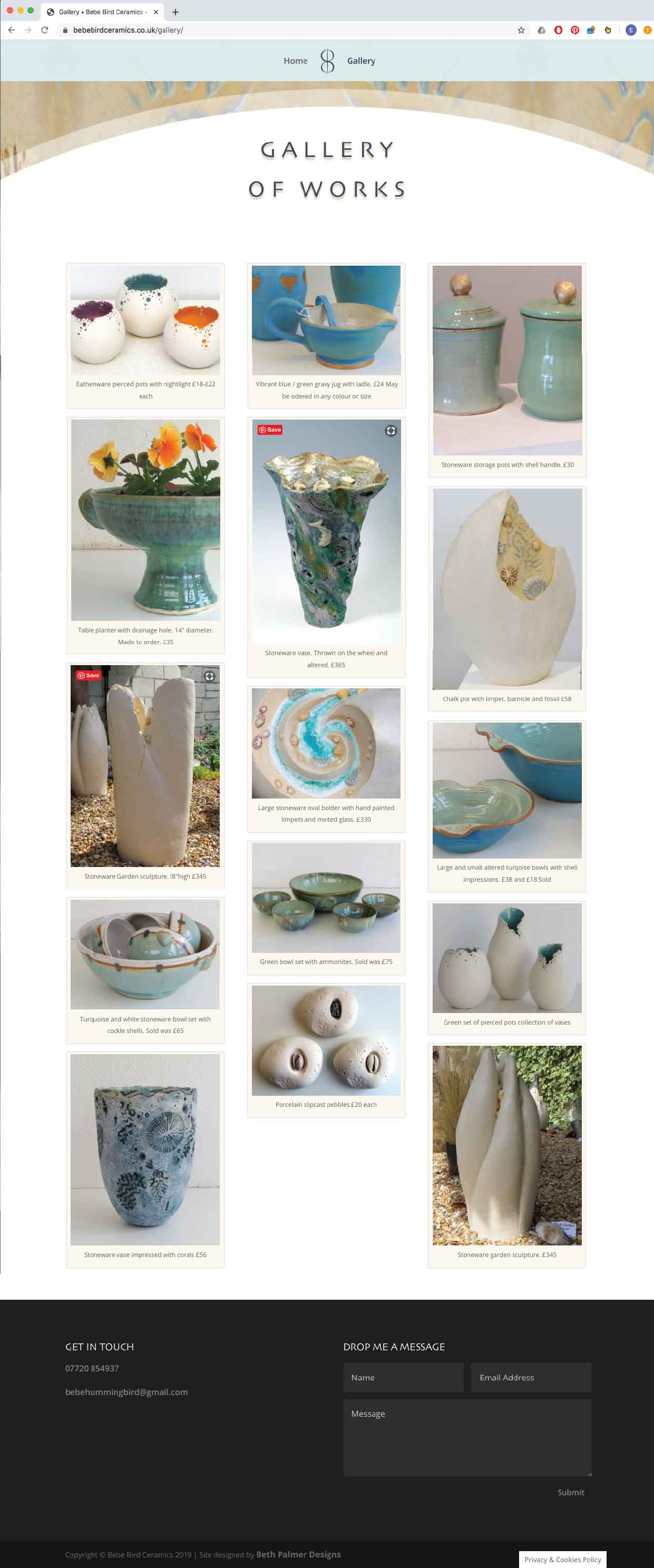 Image of gallery page of website for Bebe Bird Ceramics