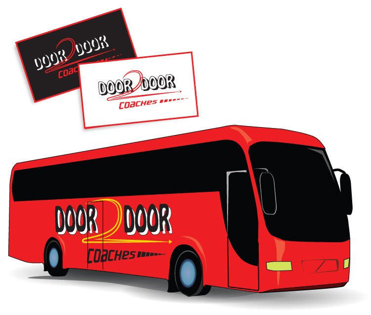 Image of Door 2 Door logo on business cards and clipart bus