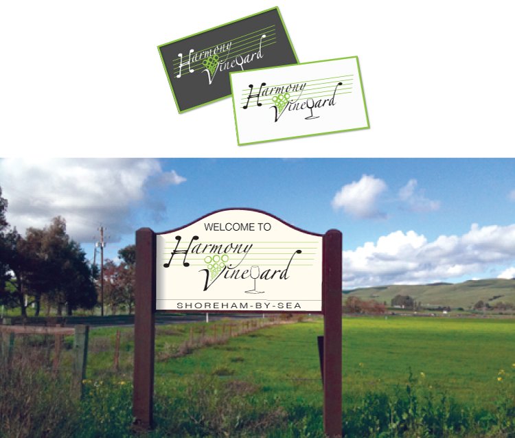 Final Harmony Vineyard logos displayed on business cards and signage