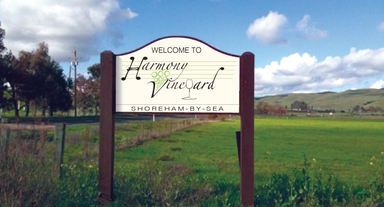 Image of Harmony Vineyard Logo on vineyard signage